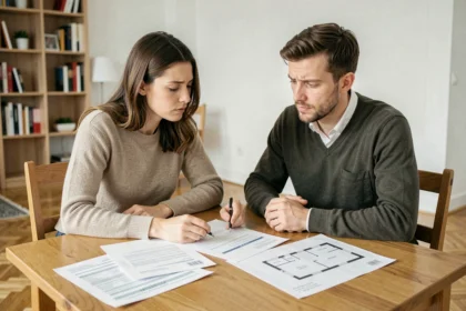 Couple examinant attentivement un contrat PSLA pour l'achat d'une maison en accession sociale à la propriété