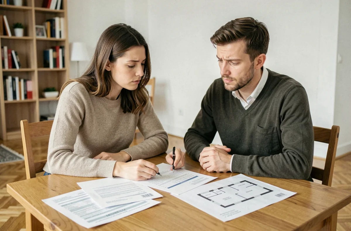 Couple examinant attentivement un contrat PSLA pour l'achat d'une maison en accession sociale à la propriété