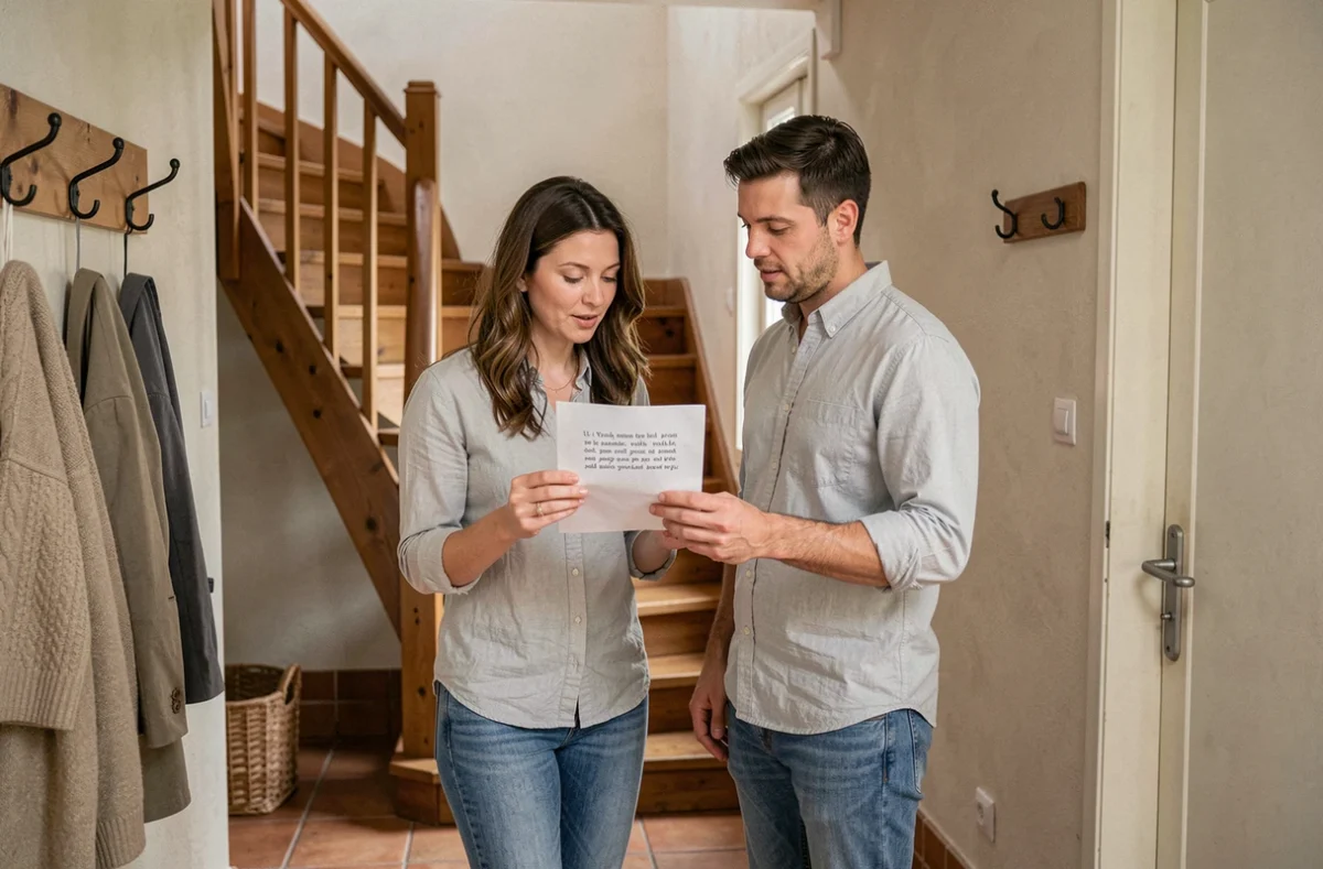 Couple examinant un devis d'assurance habitation dans l'entrée de leur maison