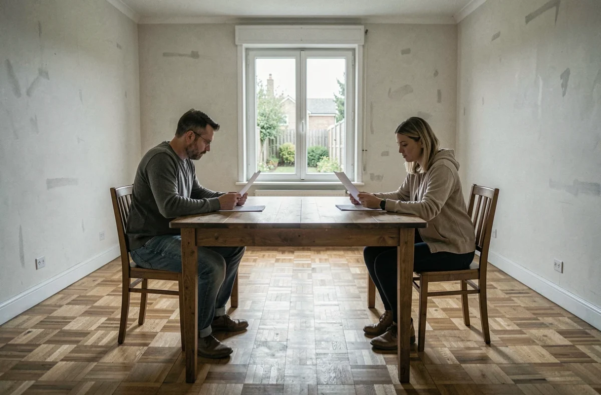 Couple en instance de divorce dans une maison vide en vente, révision des documents immobiliers avant négociation