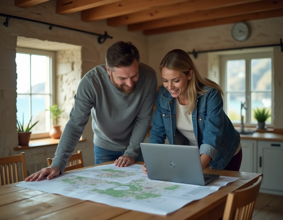 Couple étudiant les plans d'une petite maison normande à vendre pour vérifier la vue mer avant la visite