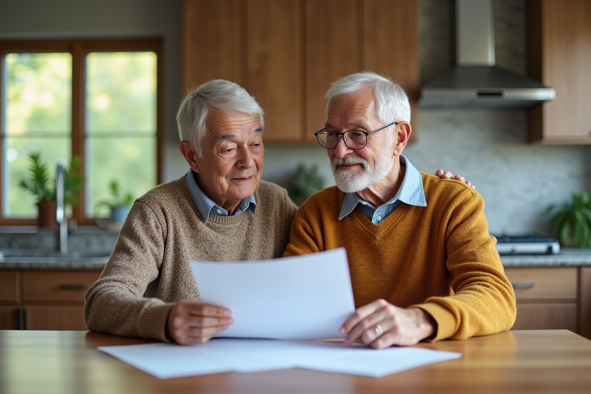 Couple âgé examinant un rapport immobilier à la maison