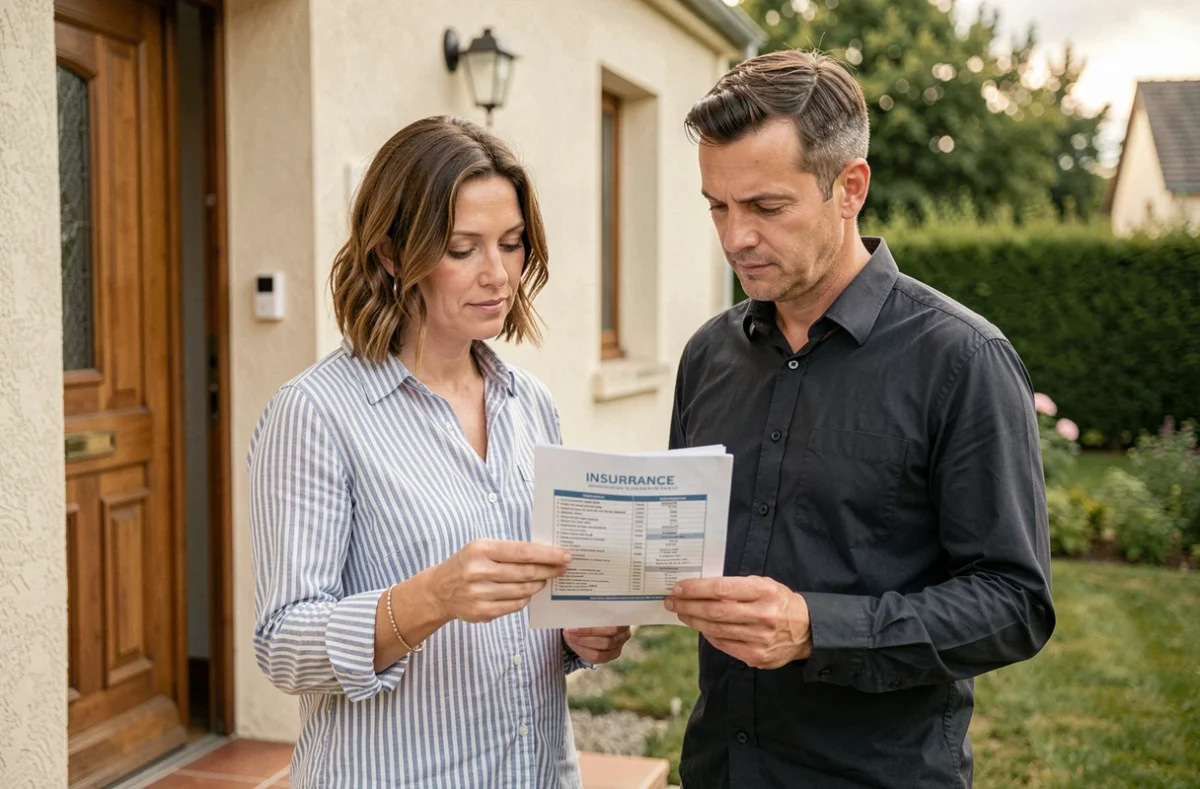 Couple devant leur maison passant en revue les garanties de leur assurance habitation
