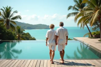 Couple souriant au bord d'une piscine à Koh Samui