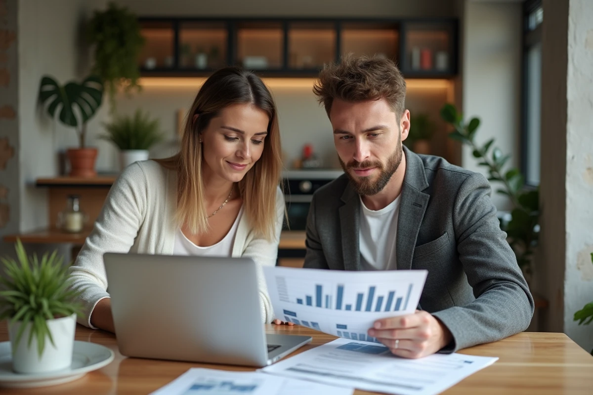 Couple d'investisseurs étudiant des documents immobiliers pour un appartement Pierre et Vacances