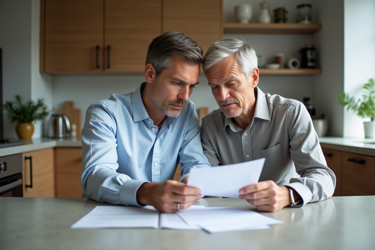 Couple d'adultes lisant des documents de prêt immobilier