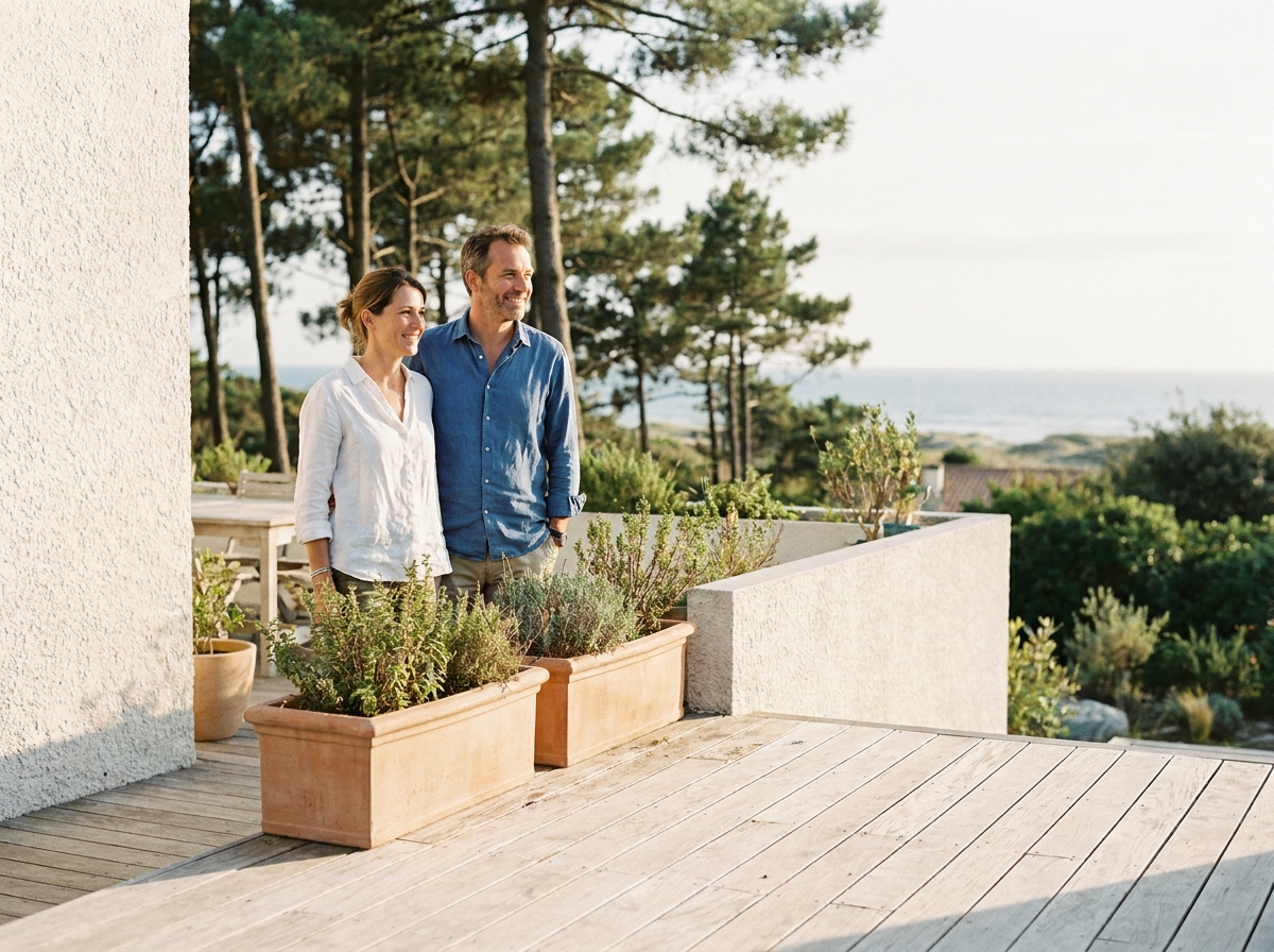 Couple devant leur maison moderne adaptée à leur quotidien à Royan avec terrasse et vue sur jardin