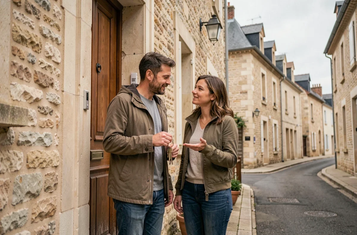 Couple devant une maison en tuffeau à Tours tenant les clés de leur nouveau logement