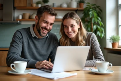 Couple souriant dans une cuisine moderne et lumineuse