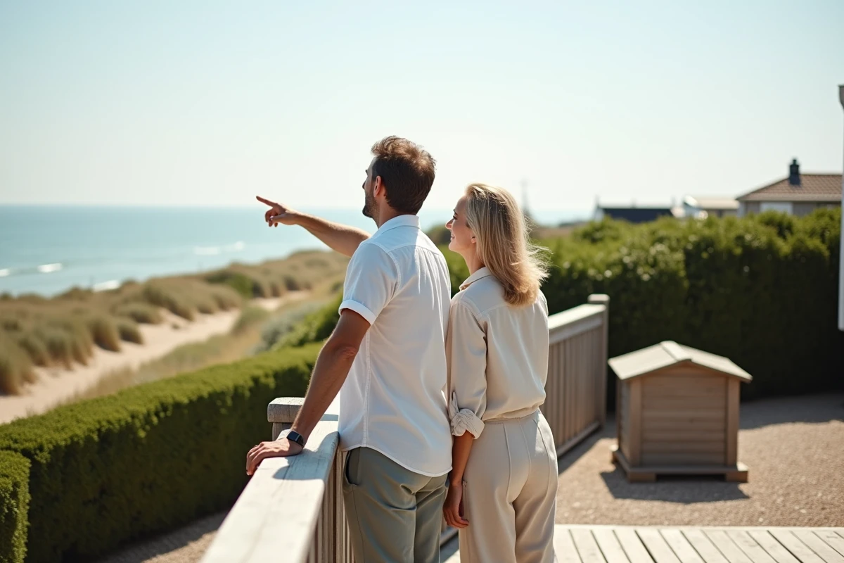 Couple de propriétaires sur la terrasse de leur mobil-home en Vendée avec vue sur la mer en résidence secondaire