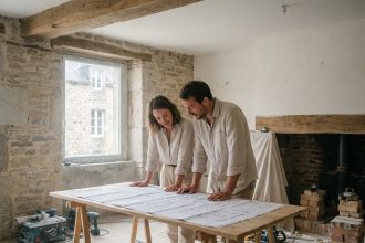 Couple examinant des plans d'extension de maison dans une pièce en rénovation à Nantes, préparant l'agrandissement avant l'arrivée d'un enfant