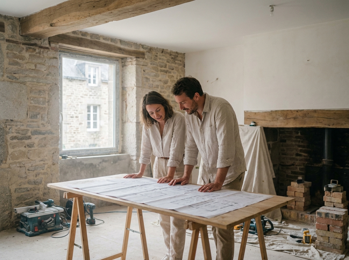Couple examinant des plans d'extension de maison dans une pièce en rénovation à Nantes, préparant l'agrandissement avant l'arrivée d'un enfant