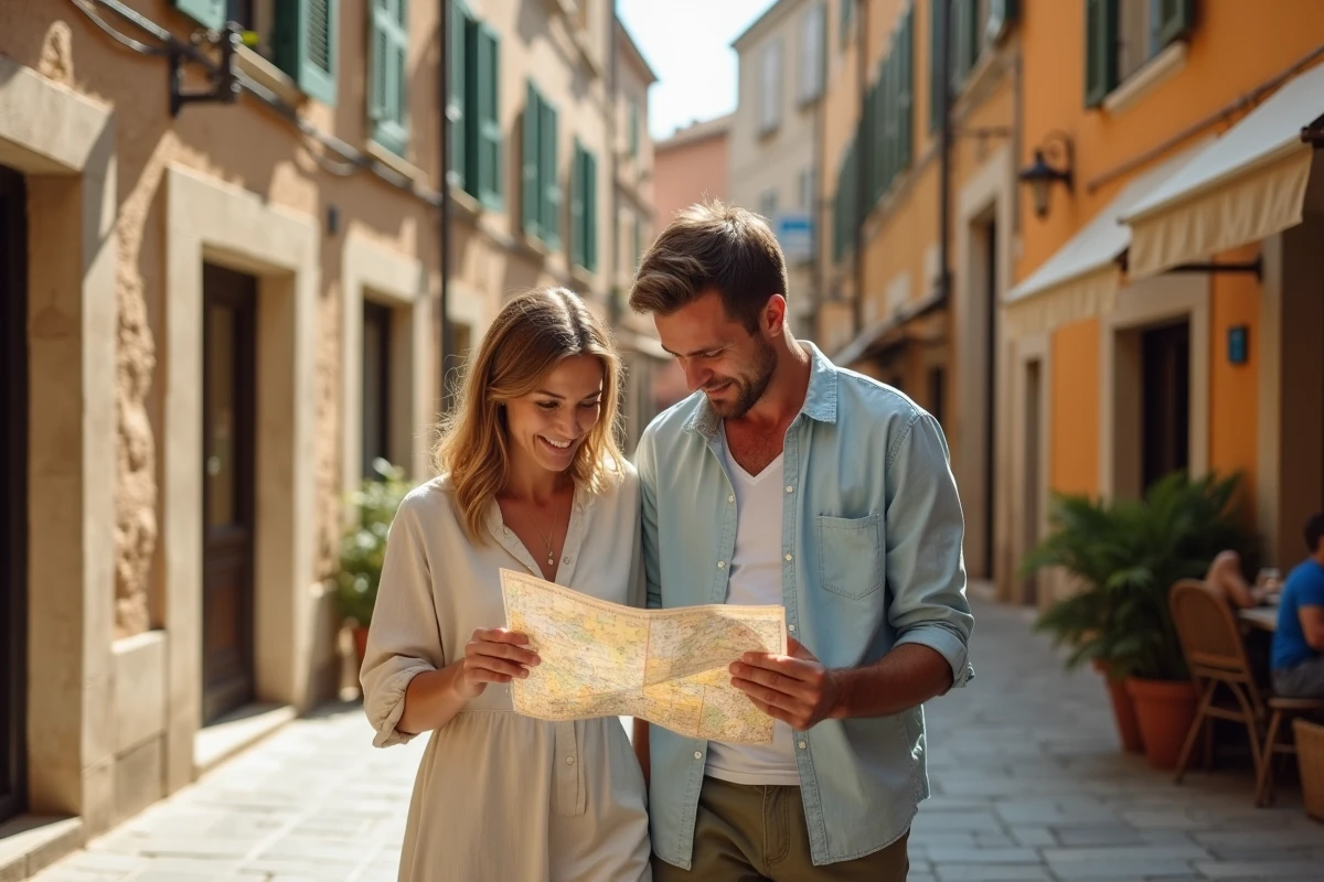 Couple se promenant dans le quartier historique d'Avignon près du Palais des Papes, consultant une carte de quartier sur les pavés
