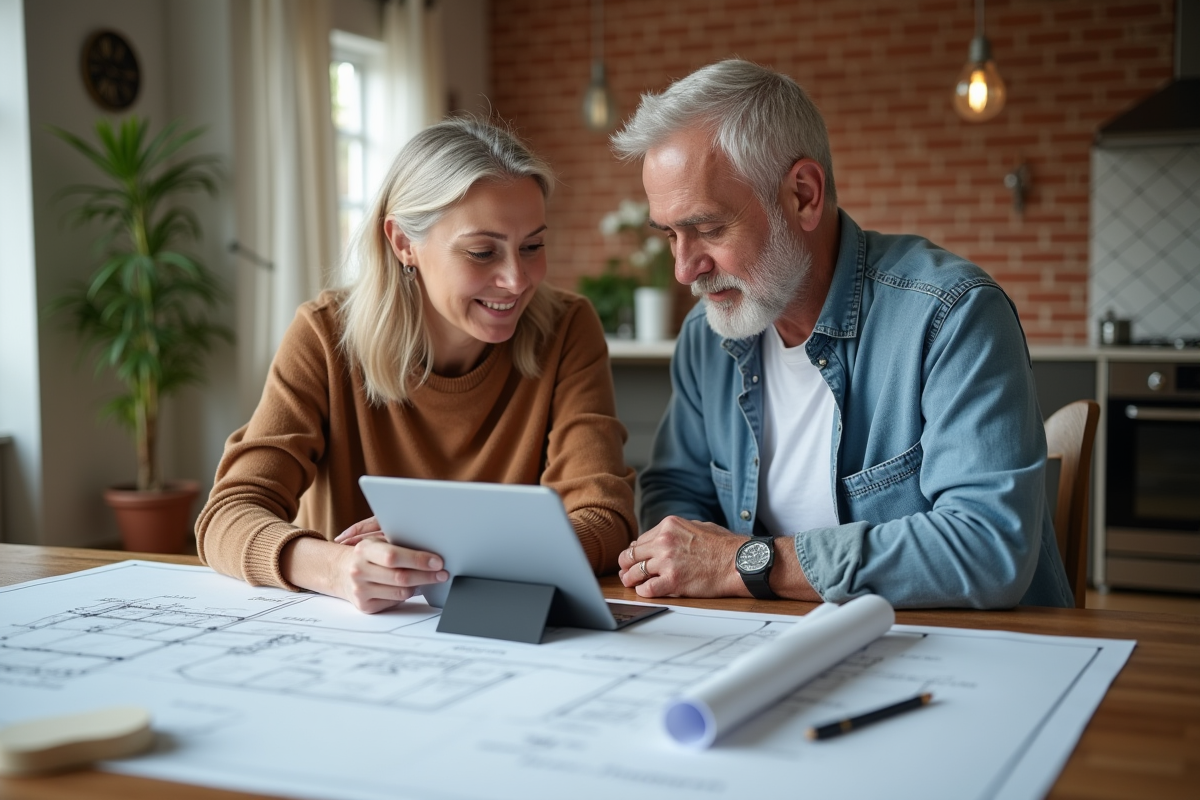 Couple discutant de plans de rénovation dans une cuisine lumineuse