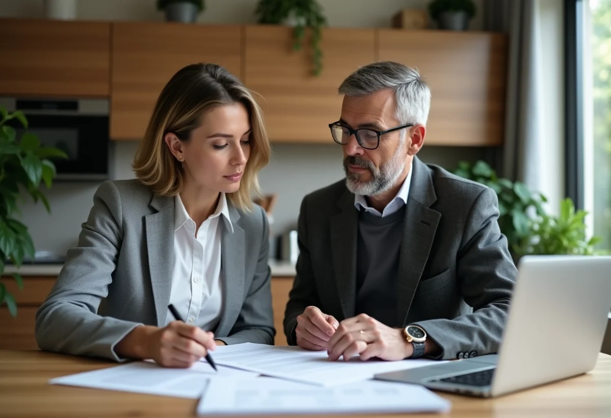 Couple d'adultes révisant des documents fiscaux à la maison