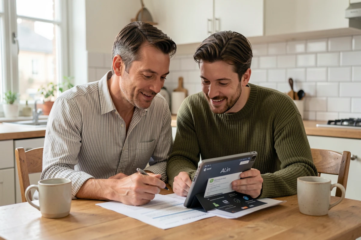 Couple de salariés remplissant ensemble leur dossier de demande de logement via la plateforme ALin à domicile