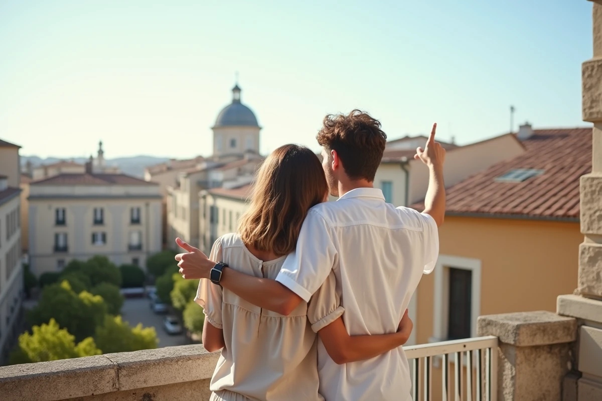 Jeune couple regardant la ville depuis un balcon à Montpellier