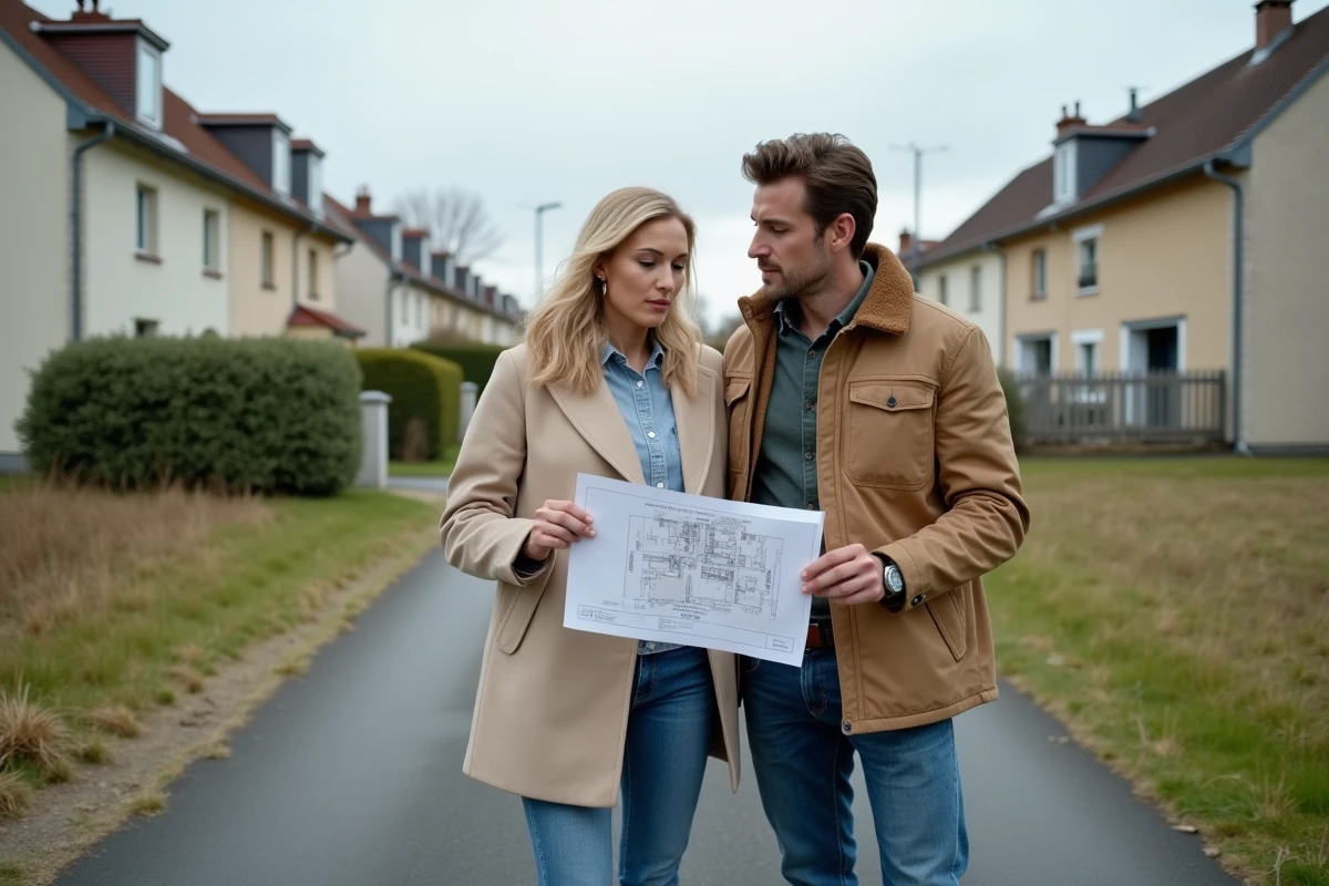 Couple étudiant un plan de bornage sur un terrain constructible à céder gratuitement en banlieue française