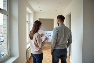 Couple examinant le plan d'un appartement T3 avec deux chambres lors d'une visite immobilière