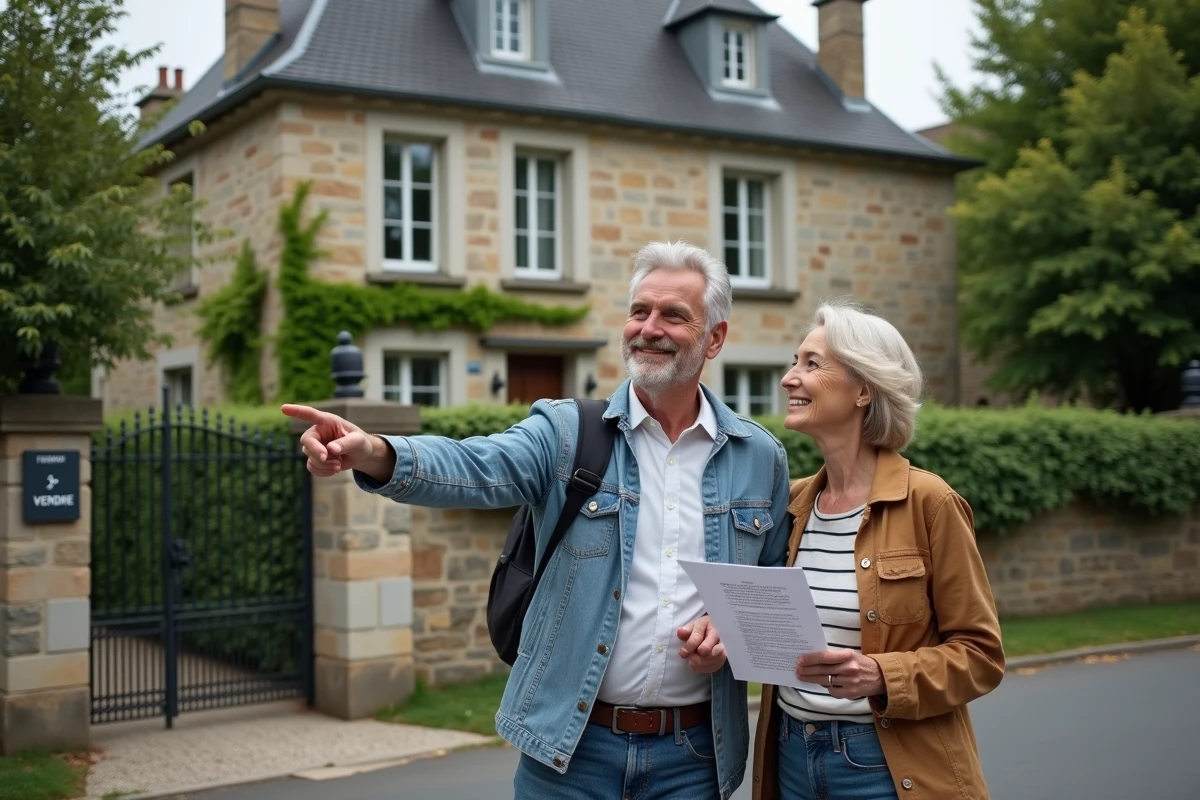 Couple devant une maison à vendre lors d'une visite immobilière dans un quartier résidentiel français