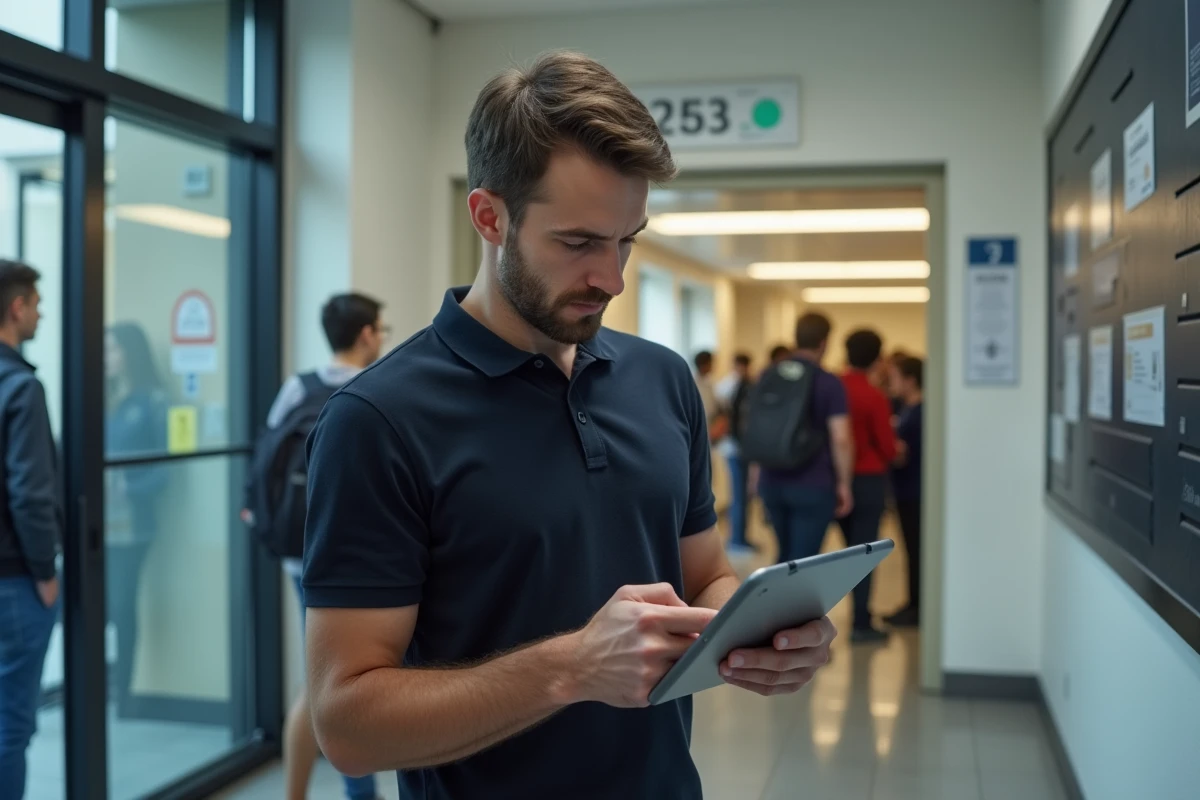 CPE ou surveillant consultant une interface de gestion de vie scolaire sur tablette numérique à l'entrée d'un établissement scolaire