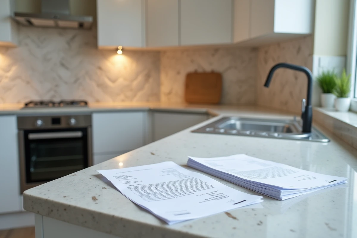 Cuisine rénovée avec factures de travaux posées sur le plan de travail illustrant les dépenses déductibles de la plus-value immobilière
