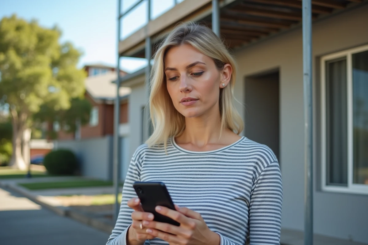 Femme propriétaire consultant le portail de déclaration préalable de travaux sur smartphone devant sa maison en rénovation