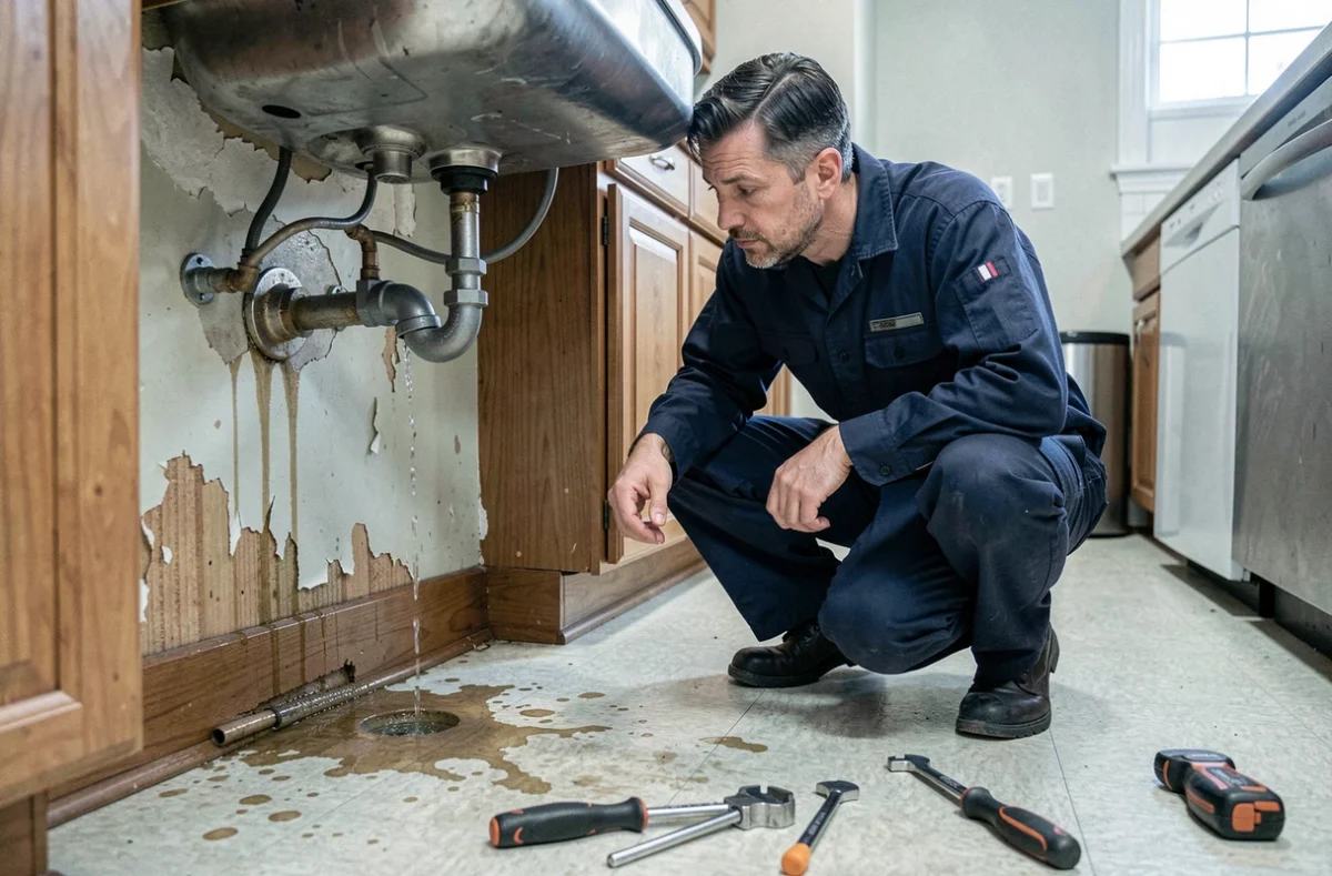 Technicien inspectant des dégâts des eaux sous un évier d'appartement