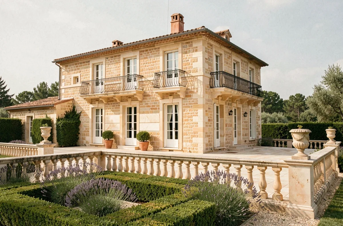 Demeure de prestige de style provençal réalisée par Demeures de Provence dans le Vaucluse, avec façade en pierre calcaire taillée, balcon en ferronnerie et jardin à la française