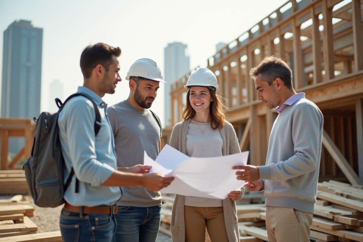 Jeune femme architecte examine des plans sur un site de construction