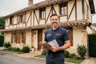 Diagnostiqueur immobilier professionnel devant une maison traditionnelle dans l'Ain