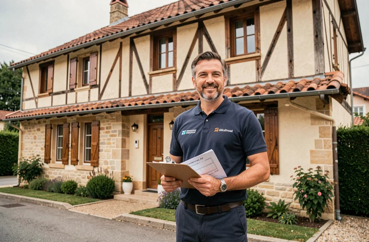 Diagnostiqueur immobilier professionnel devant une maison traditionnelle dans l'Ain