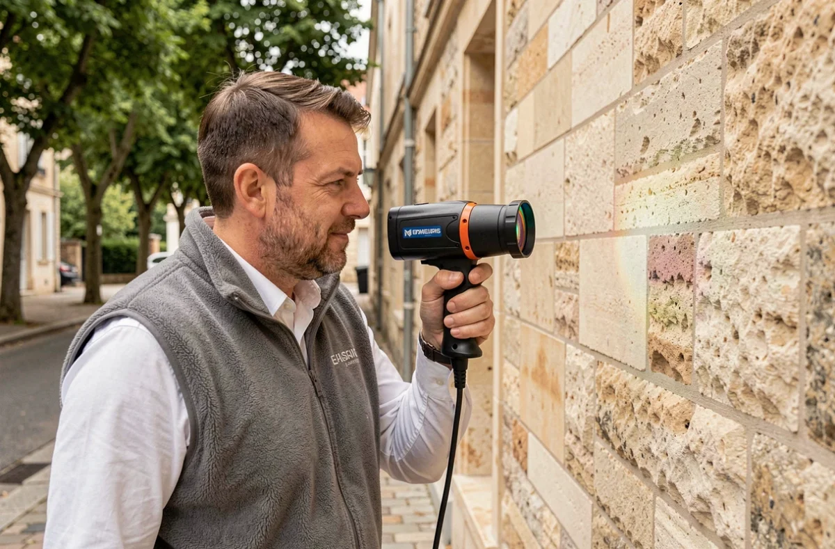 Diagnostiqueur immobilier utilisant une caméra thermique sur la façade en tuffeau d'une maison angevine, rue résidentielle d'Angers