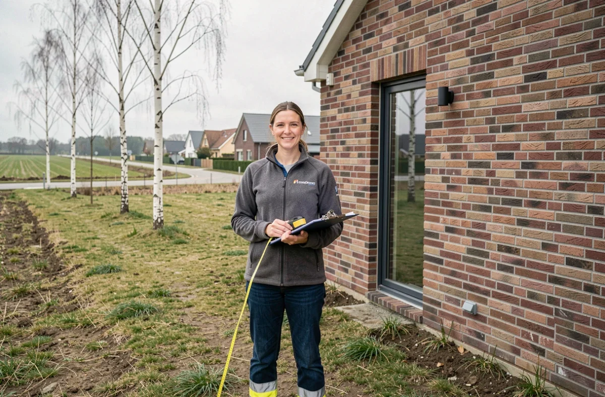 Diagnostiqueure immobilière avec mètre et clipboard devant un pavillon récent dans le nord de la métropole nantaise, champs et arbres en arrière-plan