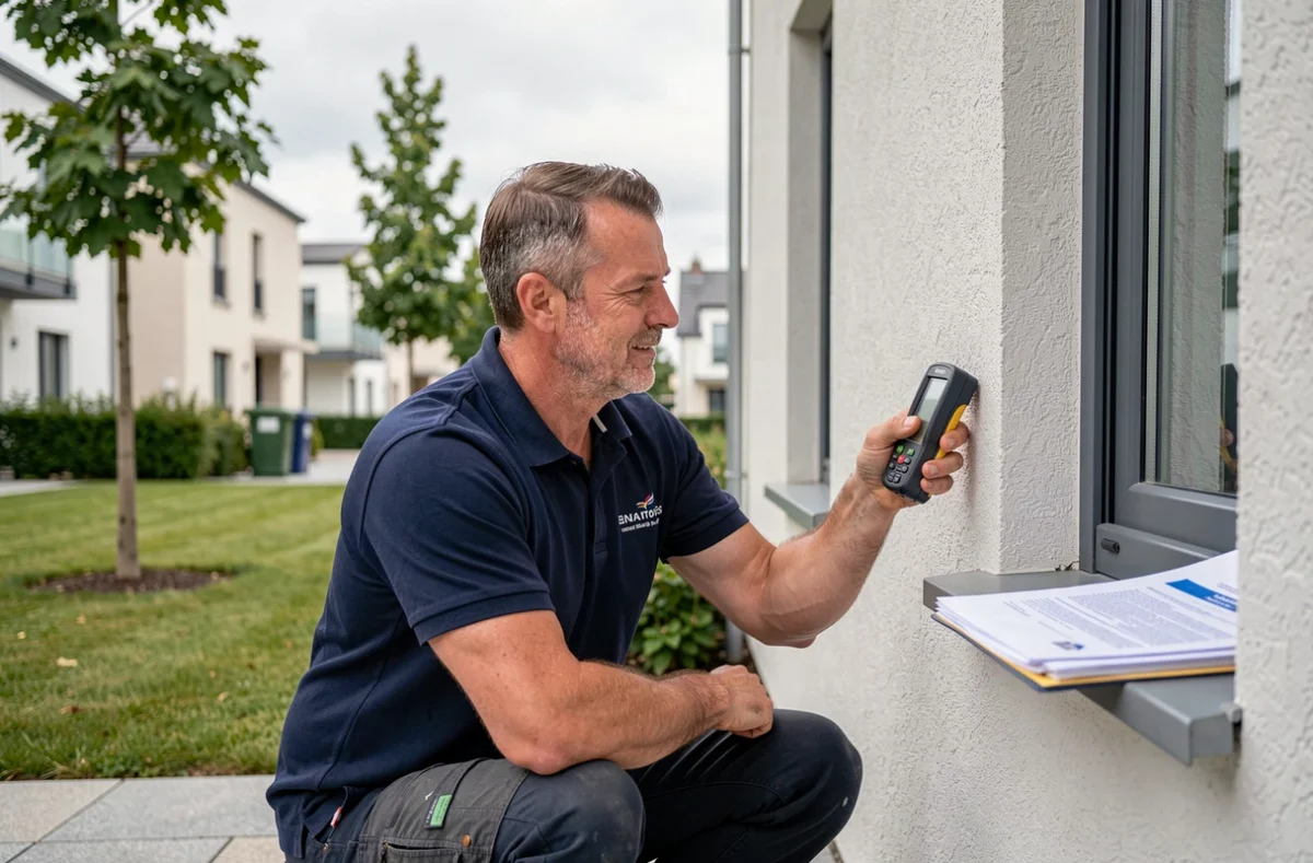 Diagnostiqueur immobilier mesurant l'humidité d'un mur extérieur dans un lotissement de l'ouest de la métropole nantaise