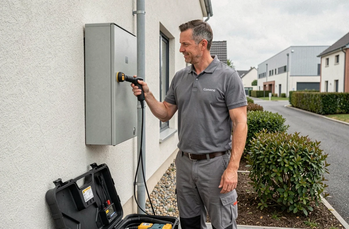 Diagnostiqueur immobilier inspectant un panneau de gaz extérieur devant un pavillon dans le sud de l'agglomération nantaise