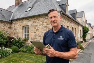 Diagnostiqueur immobilier professionnel devant une maison en pierre typique des Pays de la Loire, tenant une tablette et un appareil de mesure