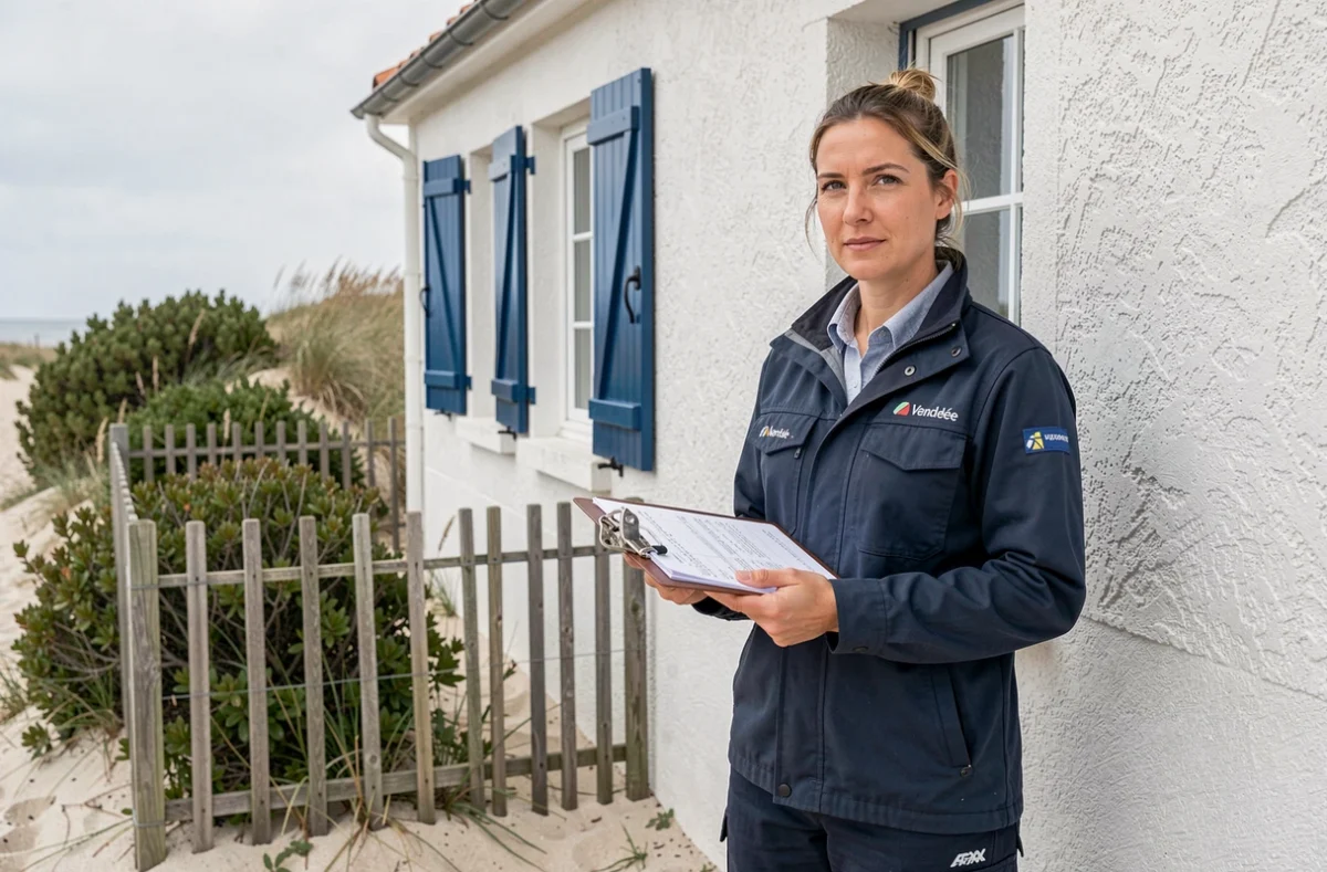 Diagnostiqueure immobilière en veste de travail devant une maison côtière vendéenne avec volets bleus, portant un clipboard d'inspection