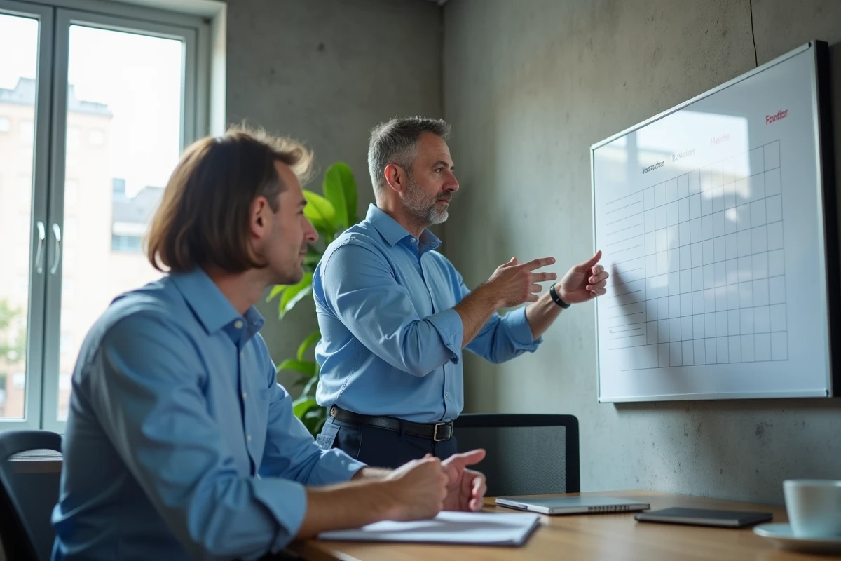 Homme d age discutant avec un coll&egrave;gue devant un tableau de planning