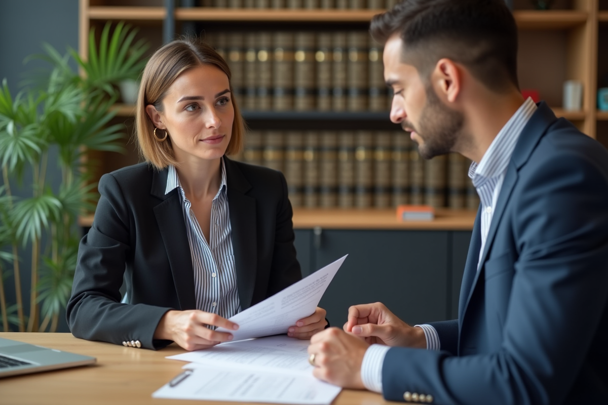 Femme et homme discutant de documents dans un bureau professionnel