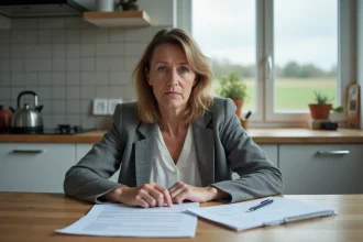 Femme en cours de divorce consultant des documents immobiliers dans une maison en Moselle