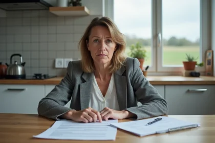 Femme en cours de divorce consultant des documents immobiliers dans une maison en Moselle