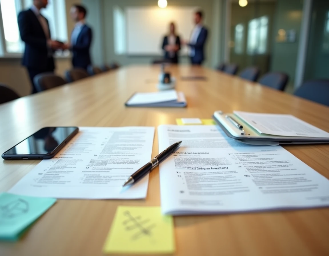 Documents d'annuaire de copropriété organisés sur une table avec annotations manuscrites et smartphone
