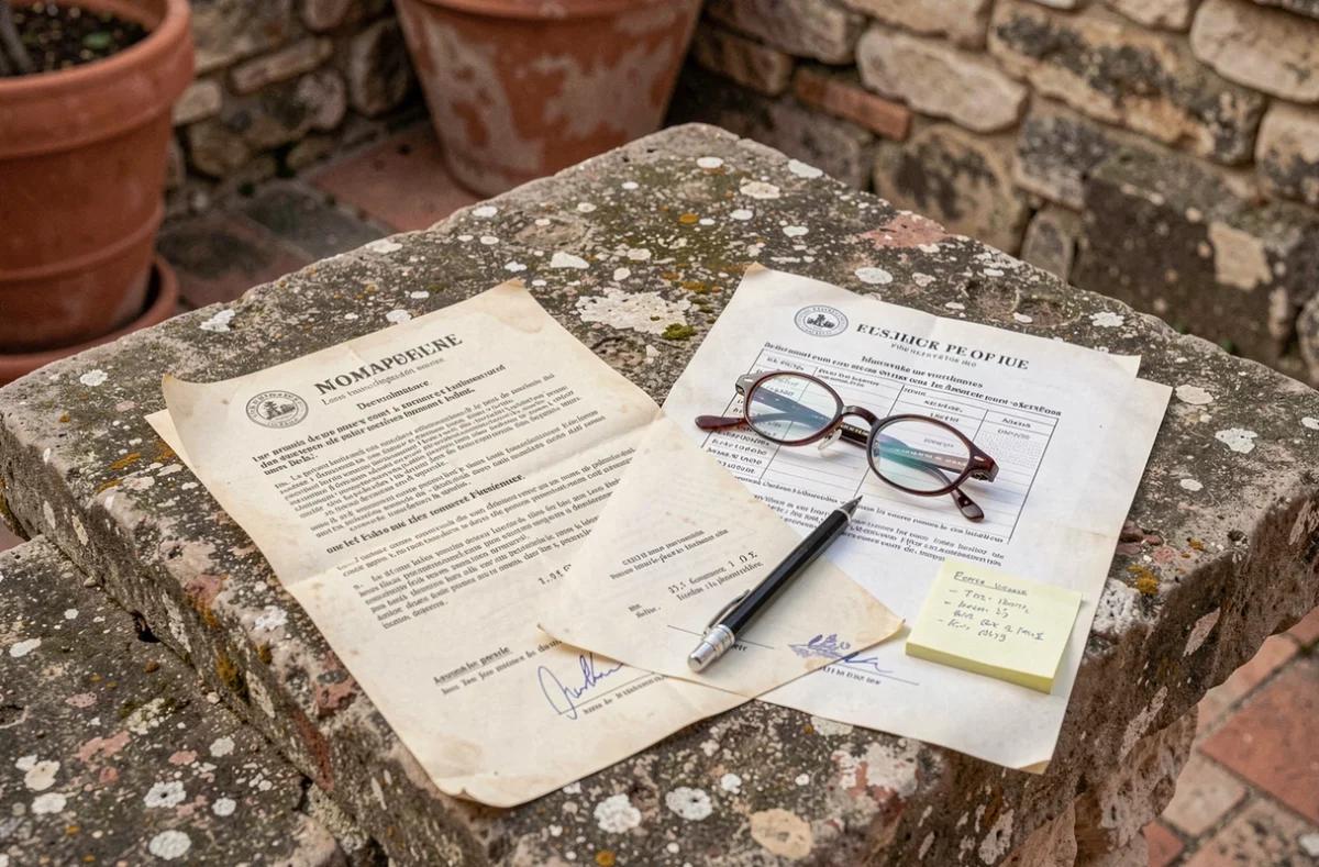 Documents immobiliers français incluant acte de propriété et permis de construire posés sur une surface en pierre à Avignon