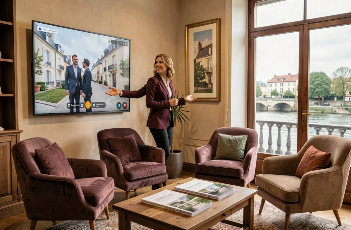 Agence Domicilium à Toulouse, une conseillère fait visiter virtuellement un bien neuf à un client dans un espace-conseil élégant