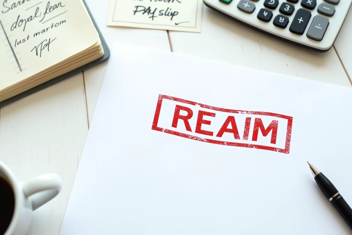 Vue aérienne d'un dossier de prêt immobilier refusé avec lettre de refus tamponnée, fiches de paie et calculatrice