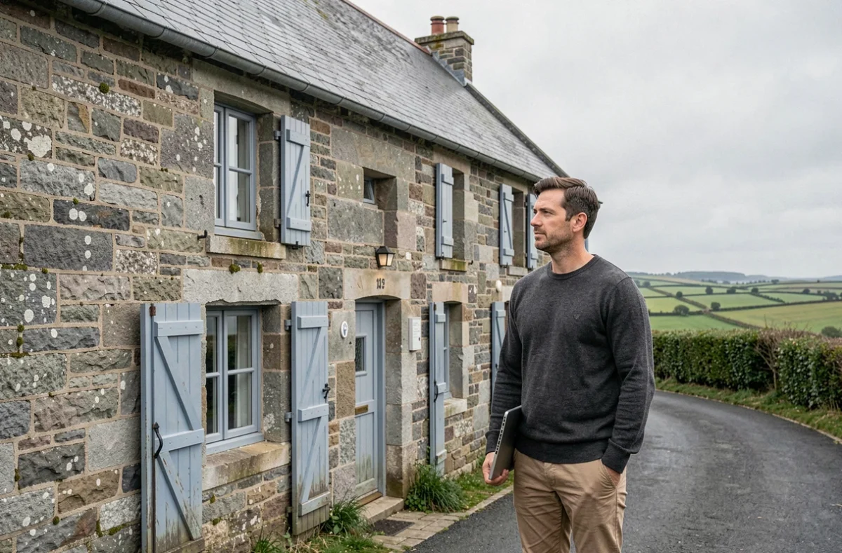 Homme évaluant l'emplacement d'une maison en pierre bretonne pour le télétravail en milieu rural