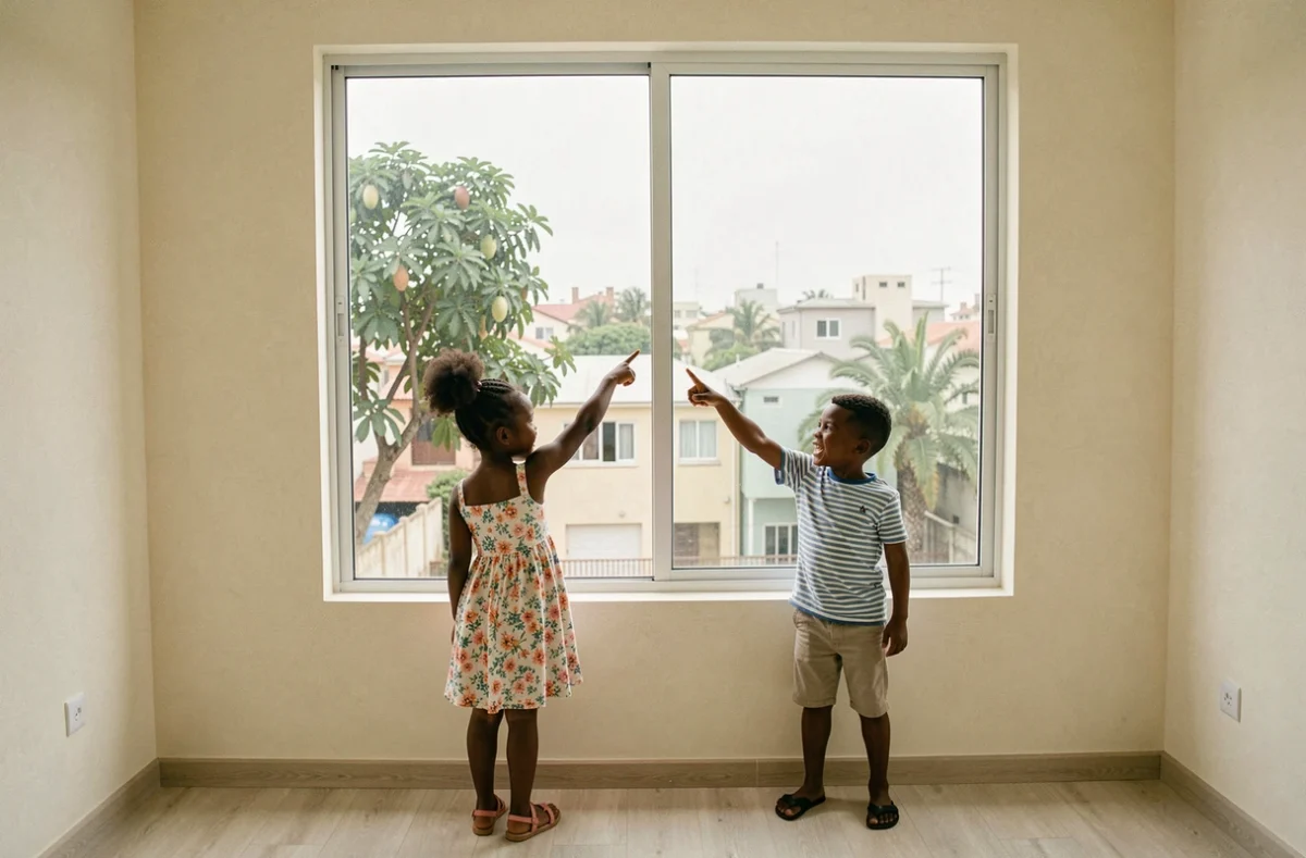 Enfants découvrant un appartement vide à louer dans un quartier résidentiel de Dakar