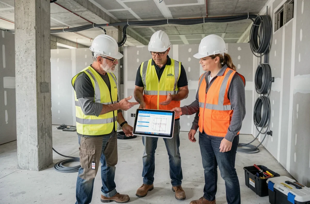 Équipe de professionnels de la construction inspectant des documents de conformité sur tablette dans un bâtiment en chantier