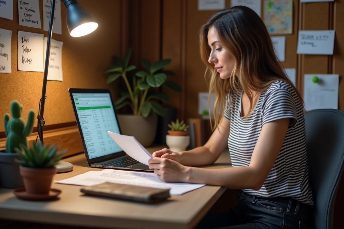 Une femme étudie les documents financiers d'un camping dans un bureau rustique, représentant le processus d'achat et de reprise d'un terrain de camping